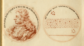 135531 Links: afbeelding van een penning met het portret van koning George I van Engeland.Rechts: afbeelding van de ...
